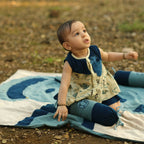 Mhyssa Blue And Beige A line Sleeveless Printed Dress And Skirt With Lining Set