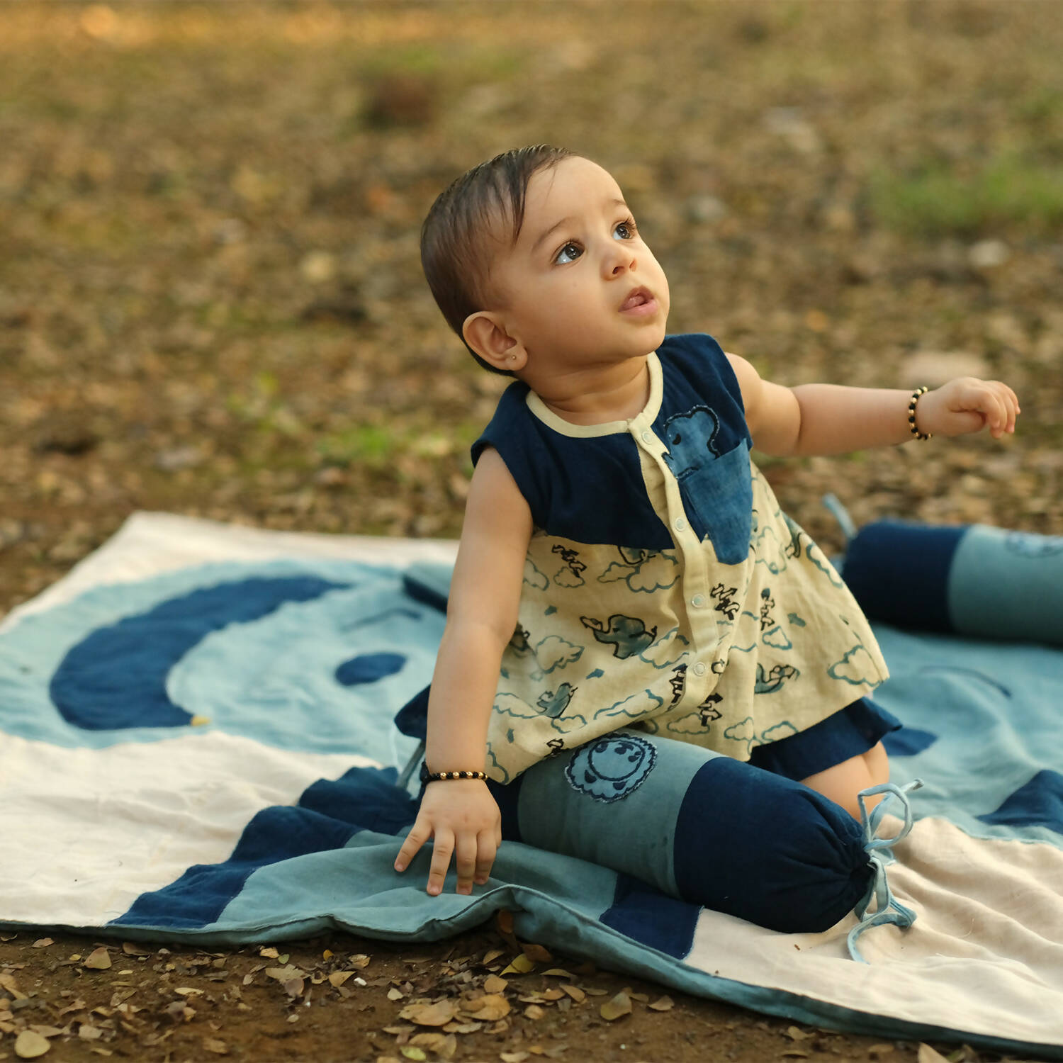 Mhyssa Blue And Beige A line Sleeveless Printed Dress And Skirt With Lining Set