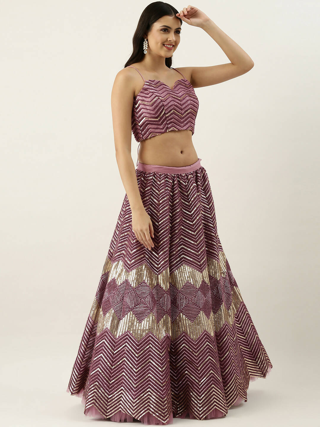 House of Panchhi Lavender - Net Embroidered Lehenga with Zig-Zag Pattern