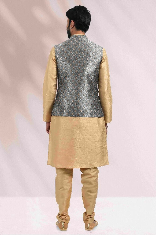 Raivat Ethnic Jacquard Banarasi Silk Woven Work 3 Pics Jacket Set In Grey Colour - Distacart