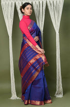 Very Much Indian Handloom Cotton Silk Maheshwari Saree With Sleek Golden Border - Dark Blue