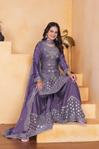 Teeya Creation Lavender Chinon Embroidery Work Party Wear Palazzo Suit - Distacart