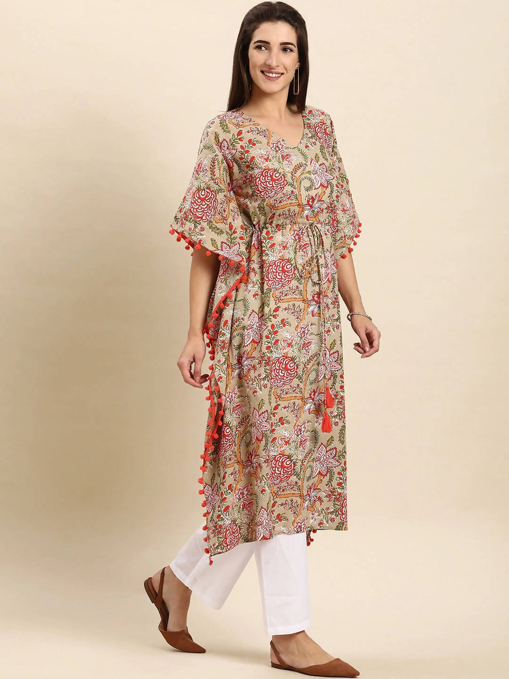 Janasya Beige & Pink Floral Printed Floral Kaftan Kurta - Distacart