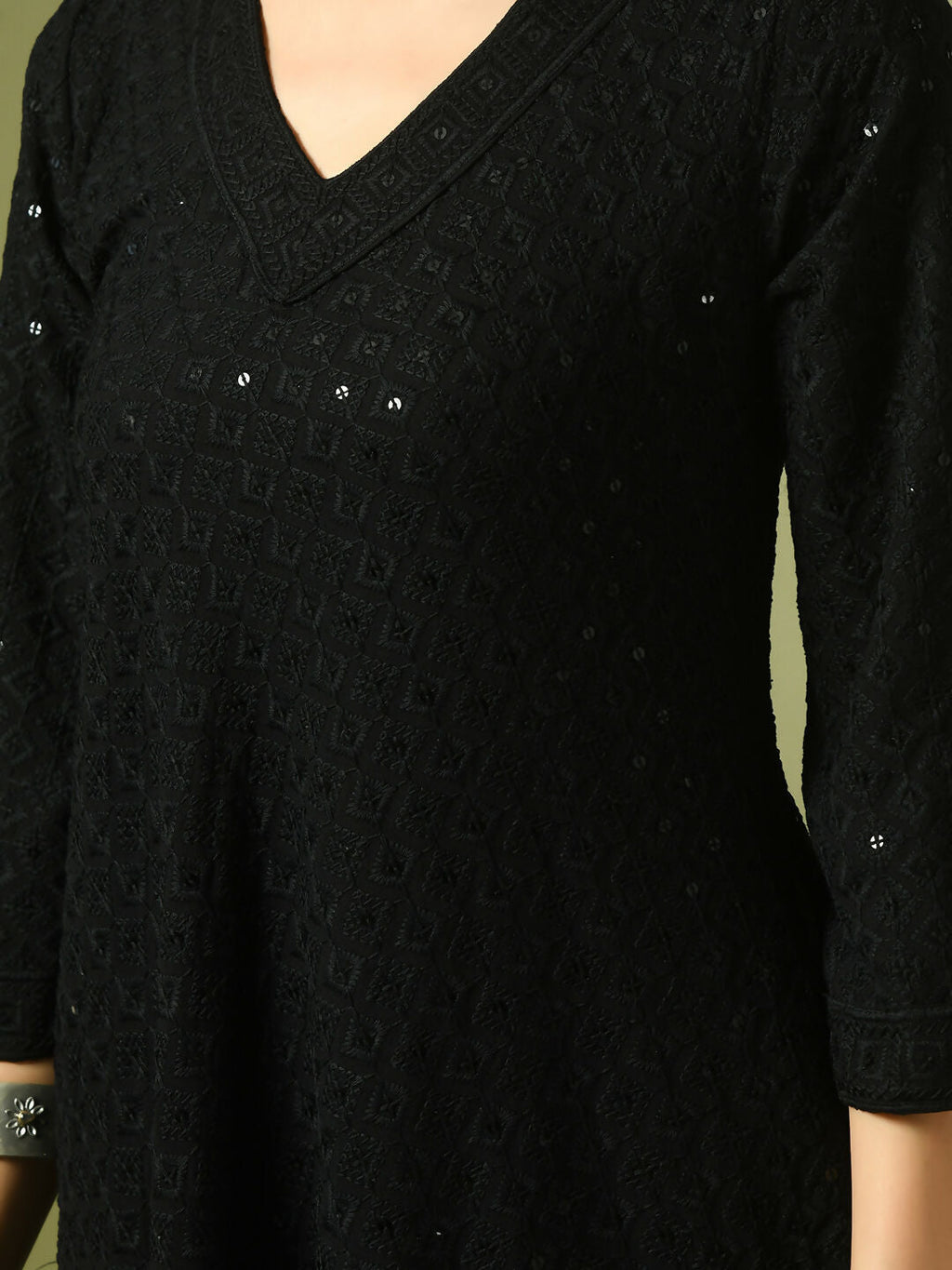 Myshka Women's Black Embroidered Cotton A-Line Party Kurta Set