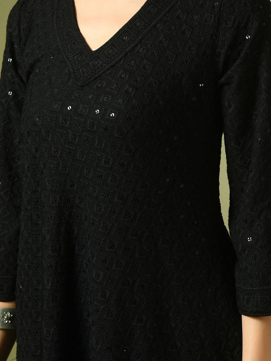 Myshka Women's Black Embroidered Cotton A-Line Party Kurta Set