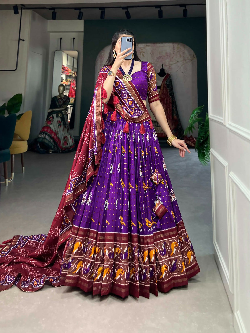Vastranavya Traditional Ikkat Patola Print Tussar Silk Lehenga Choli - Purple