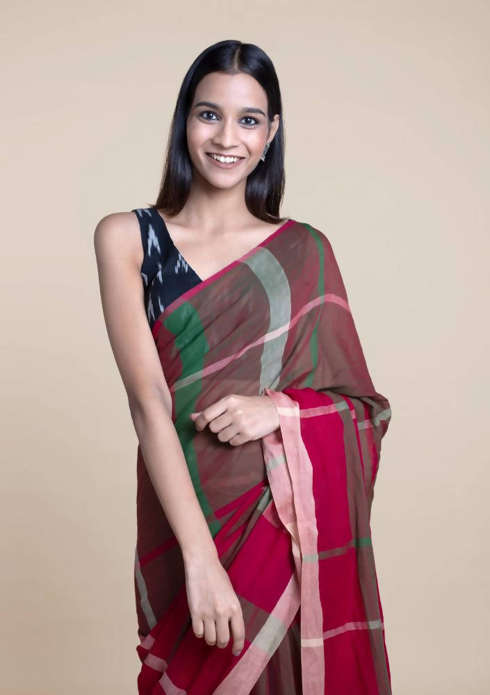 Suta Women Maroon Green Pure Handloom Cotton Saree - Distacart