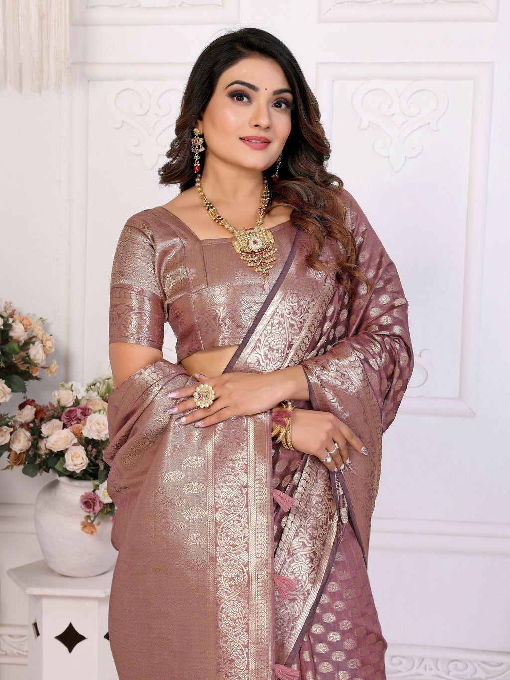 Aastha Fashion Dusty Rose Organza Silk Weaving Saree - Distacart