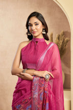 Vastranavya Pink Digital Printed Linen Ready To Wear Designer Saree with Unstitched Blouse - Distacart