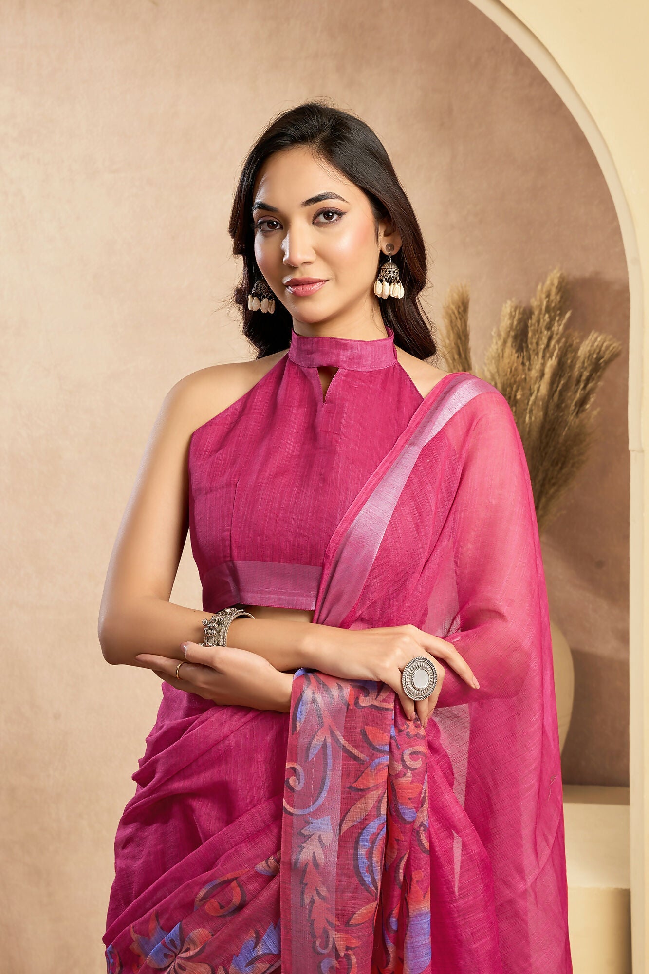 Vastranavya Pink Digital Printed Linen Ready To Wear Designer Saree with Unstitched Blouse - Distacart