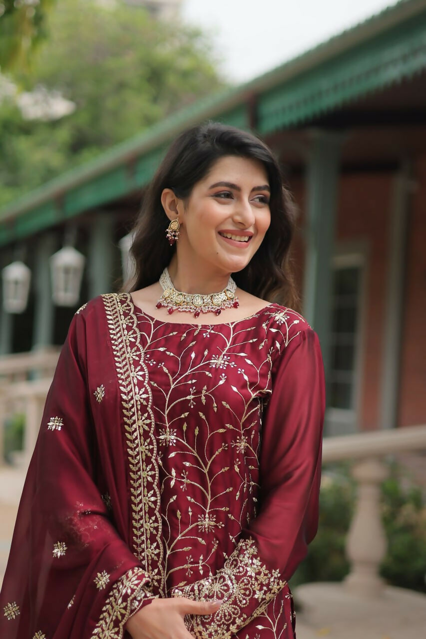 Vastranavya Premium Designer Heavy Sequins & Thread Embroidered work Kurti Palazzo & Dupatta - Maroon