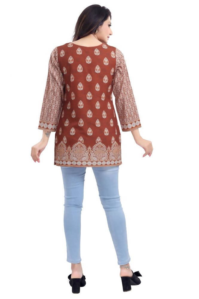 Snehal Creations Faux Crepe Rust Short Kurti Tunic Top