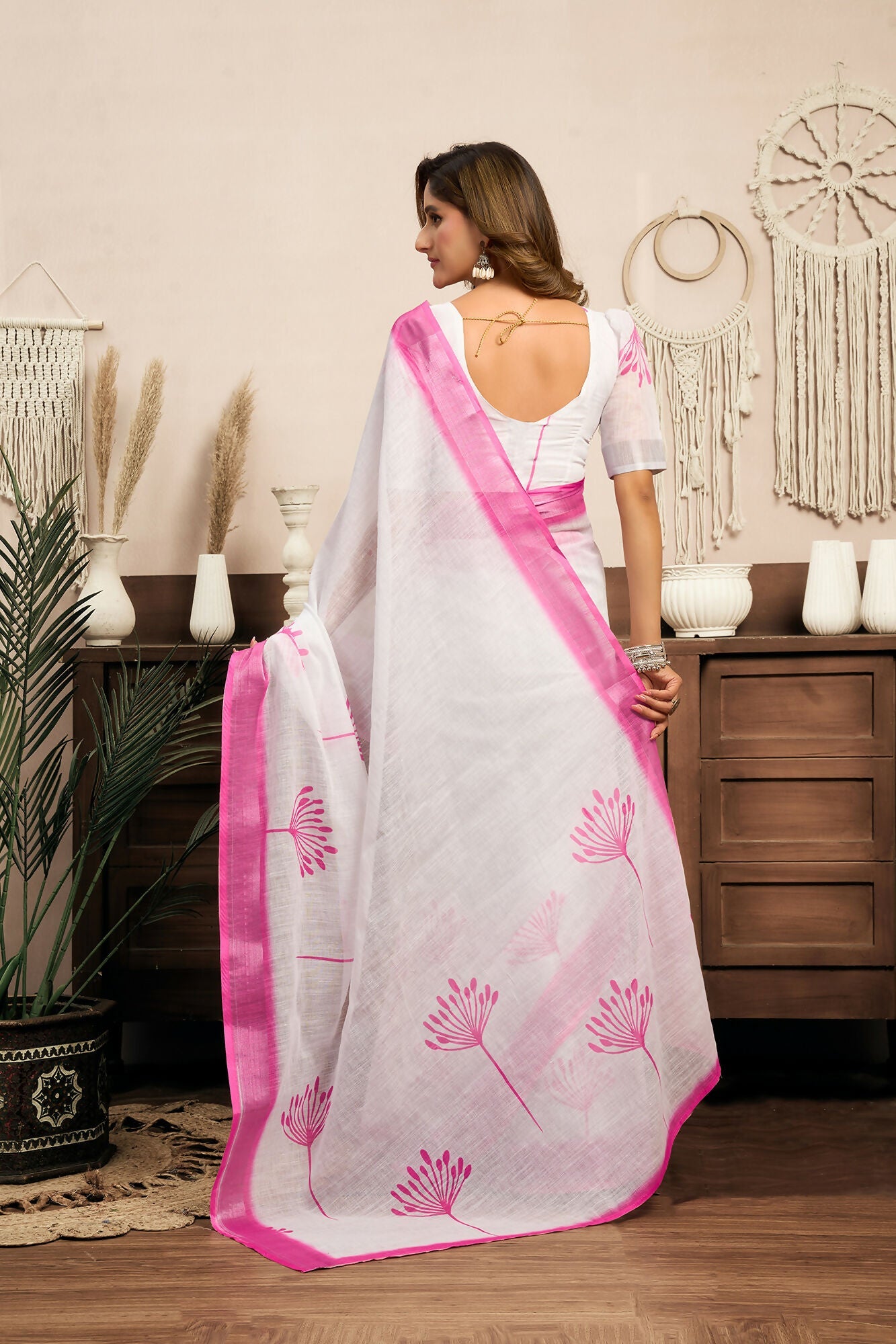 Vastranavya White Digital Printed Linen Ready To Wear Designer Saree with Unstitched Blouse - Distacart