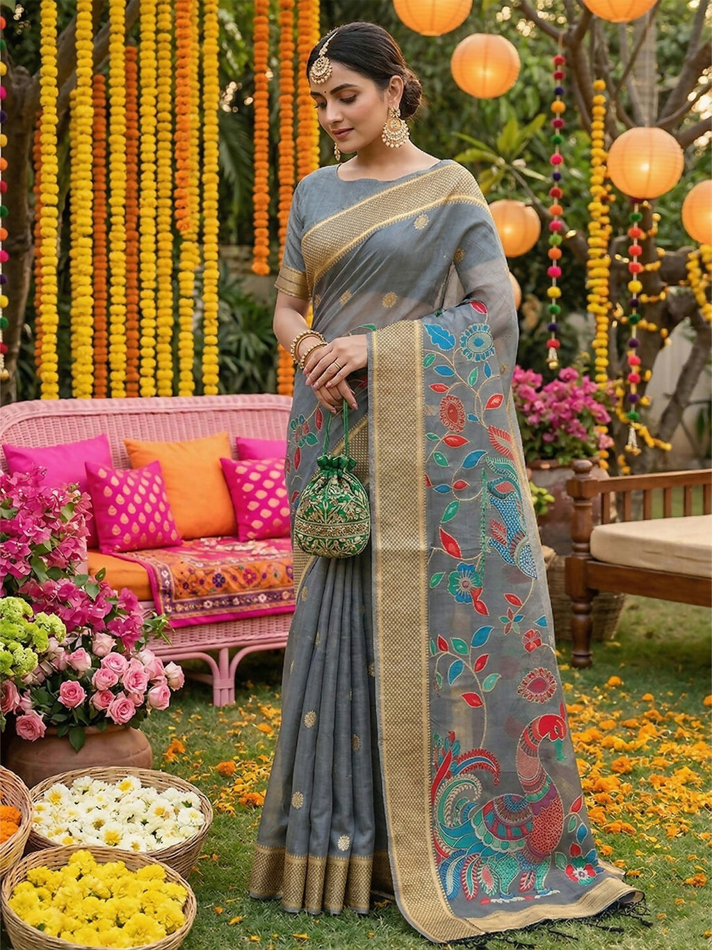 Shree Shyam Fashion Gray Linen Cotton Saree - Distacart