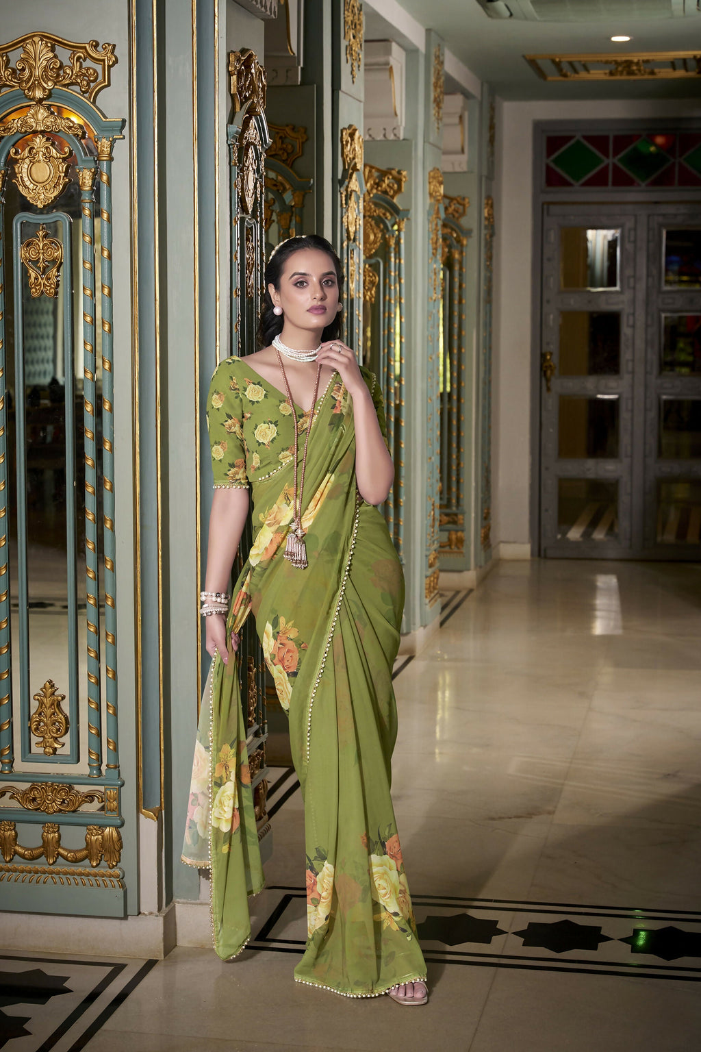 Vastranavya Mehendi Spectacular Georgette Printed with Pearl Lace Saree with Unstitched Blouse - Distacart