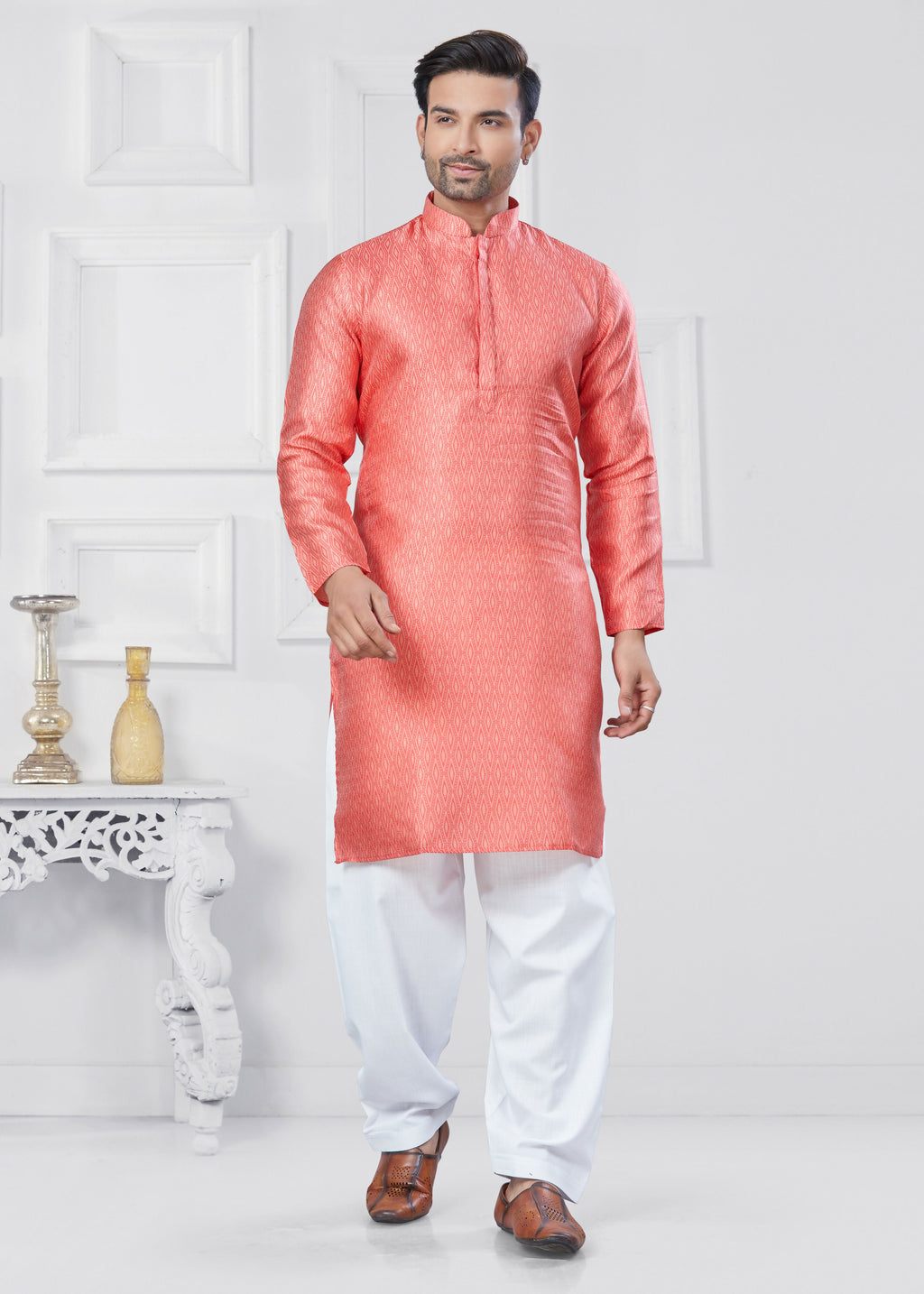 Joban Fashion Men's Jacquard Silk Pink Printed Kurta Pyjama set