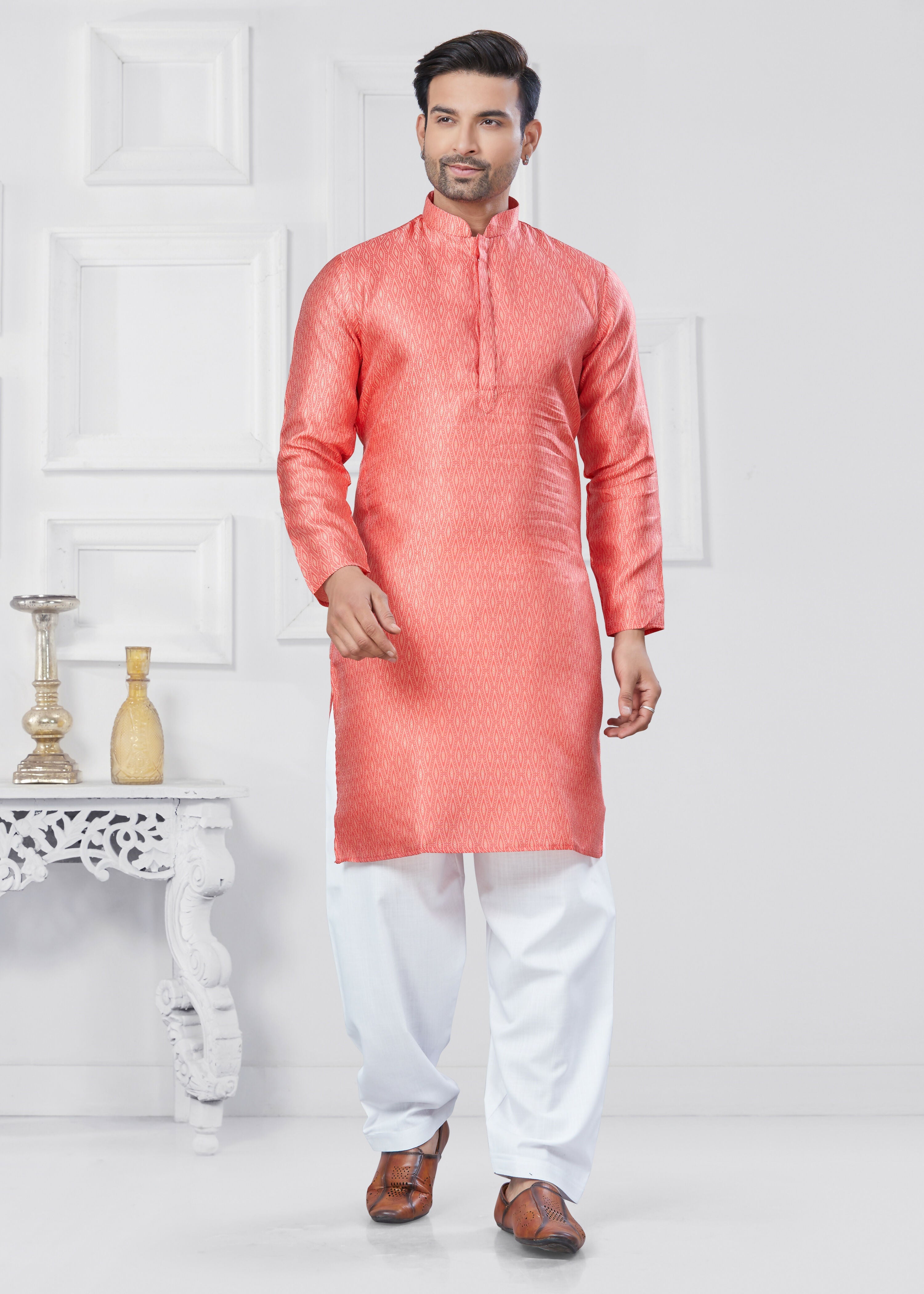 Joban Fashion Men's Jacquard Silk Pink Printed Kurta Pyjama set
