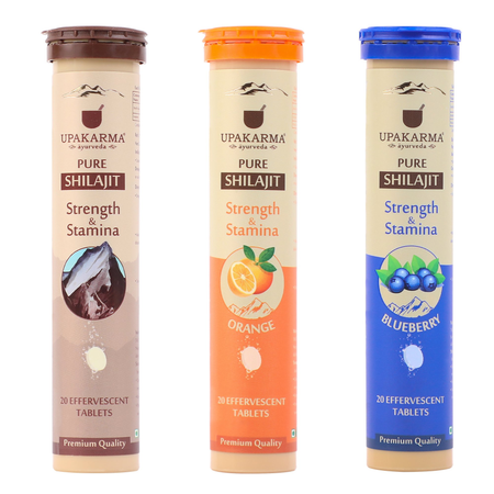 Upakarma Ayurveda Pure SJ Effervescent Tablets in 3 Unique Flavors (Pure SJ, Orange & Blueberry) Combo