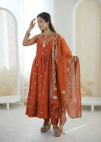 Teeya Creation Orange Color Roman Silk Embroidery Work Party Wear Gown - Distacart