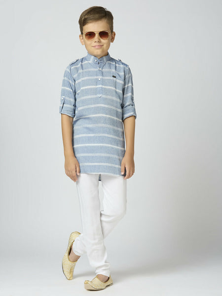 Joban Fashion Kids Island Full Sleeves Cotton Kurta and Pyjama Set with Strip - Blue