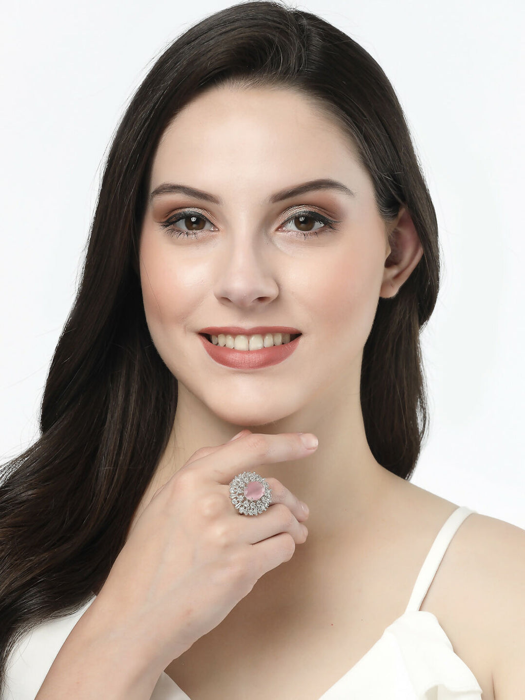NVR Women's Pink & Silver CZ-Studded Handcrafted Adjustable Finger Ring