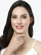 NVR Women's Pink & Silver CZ-Studded Handcrafted Adjustable Finger Ring