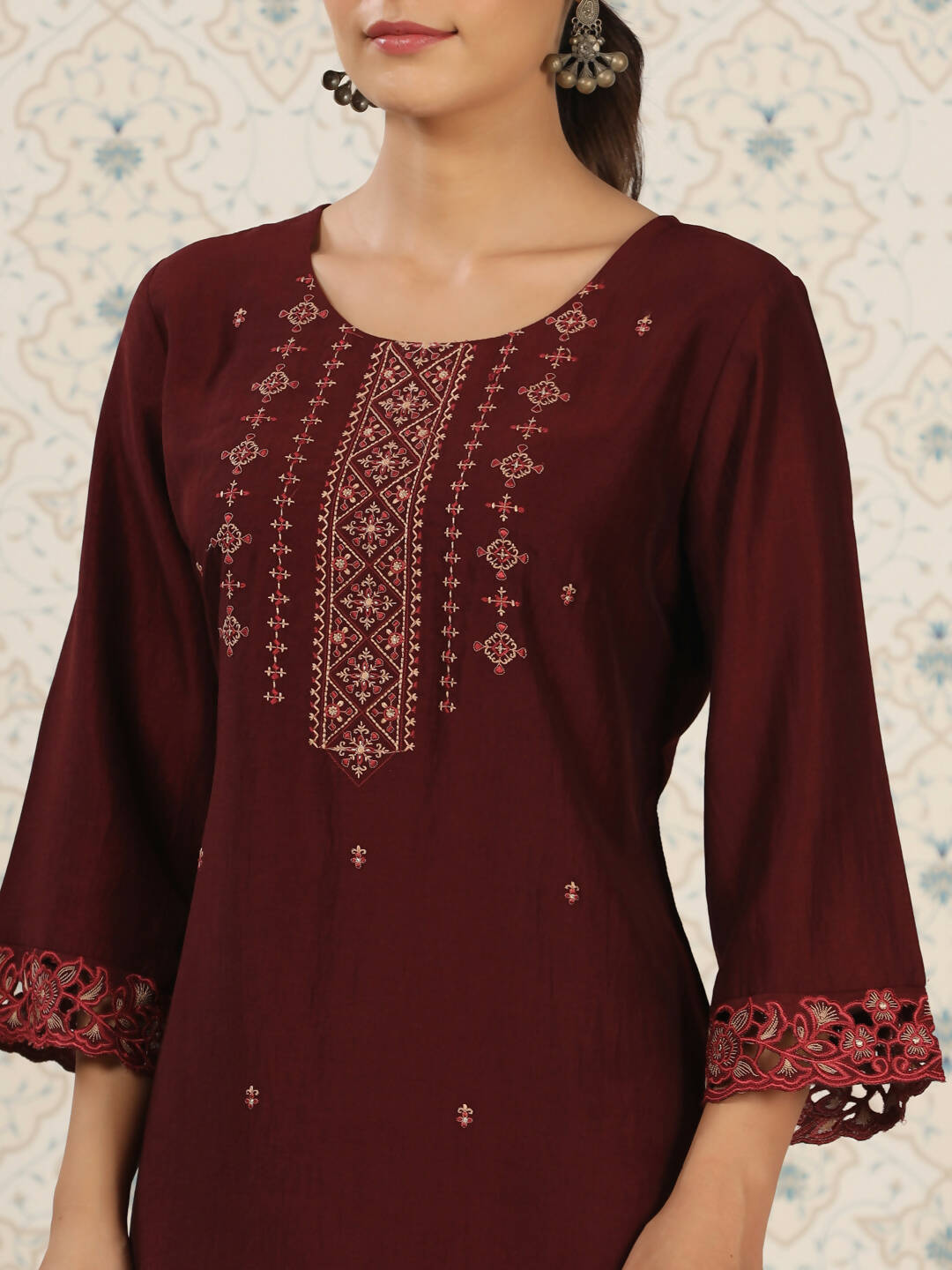 Maroon Chinon Embroidered Straight Top - Zeny
