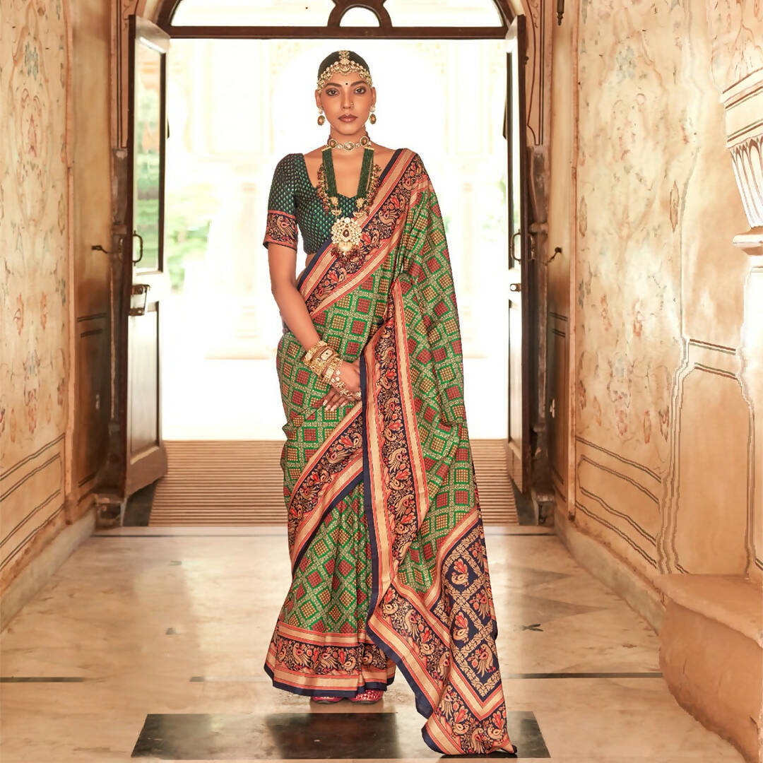 Perot Green Silk With Banarasi Print Work Saree - Trirath Yamuna