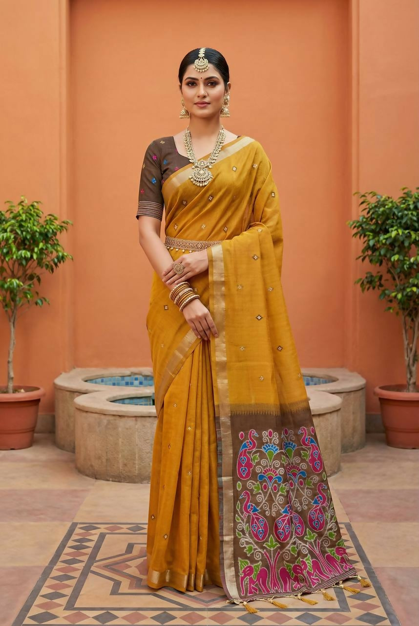 Vastranavya Yellow Muga Cotton Meenakari & Azarakh Pallu Saree with Contrast Blouse - Distacart