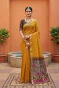 Vastranavya Yellow Muga Cotton Meenakari & Azarakh Pallu Saree with Contrast Blouse - Distacart