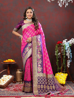 Vastranavya Pink Soft Patola Silk With Meenakari Weaving Motifs And Rich Zari Weaving Pallu Saree With Matching Blouse Fabric