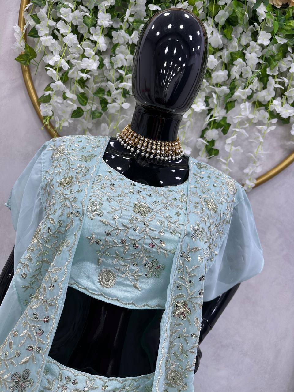 Prazu Fashion Light Sky Blue Chinon Silk Thread Sequence Wedding Lehenga Choli