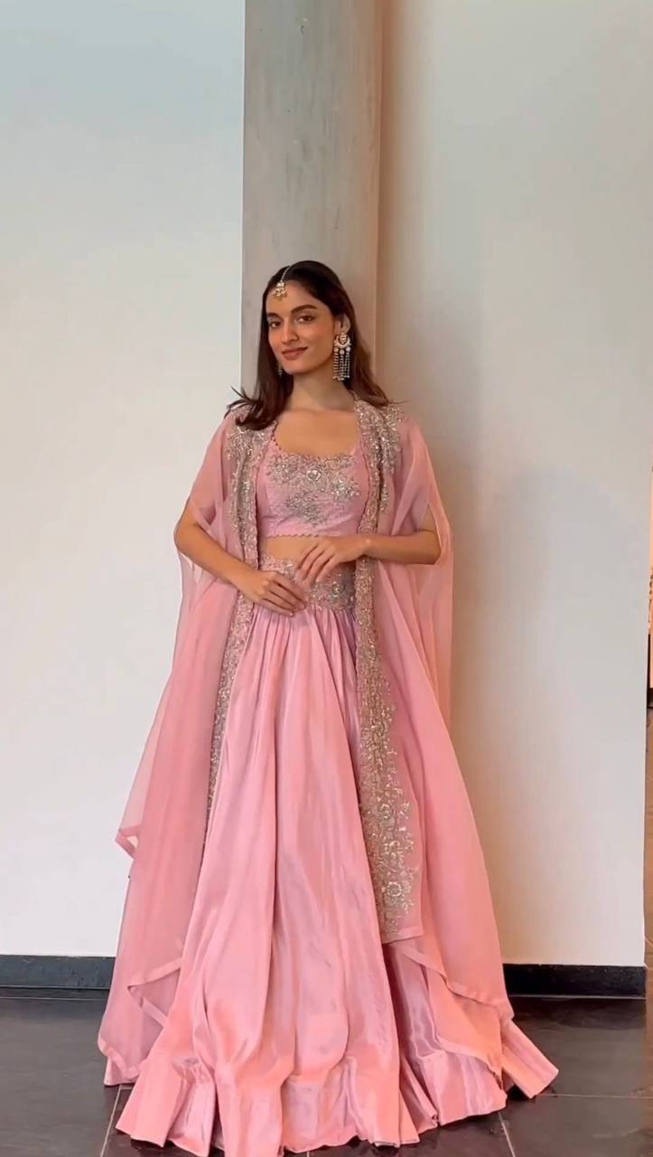 Prazu Fashion Peach Chinon Silk Thread Sequence Wedding Lehenga Choli