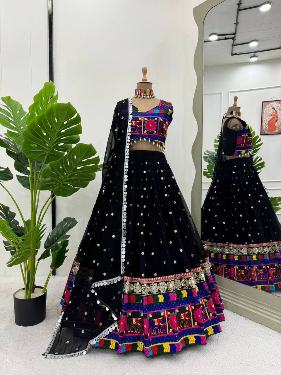 Prazu Fashion Black Georgette Sequence With Chainstich Navaratri Lehenga