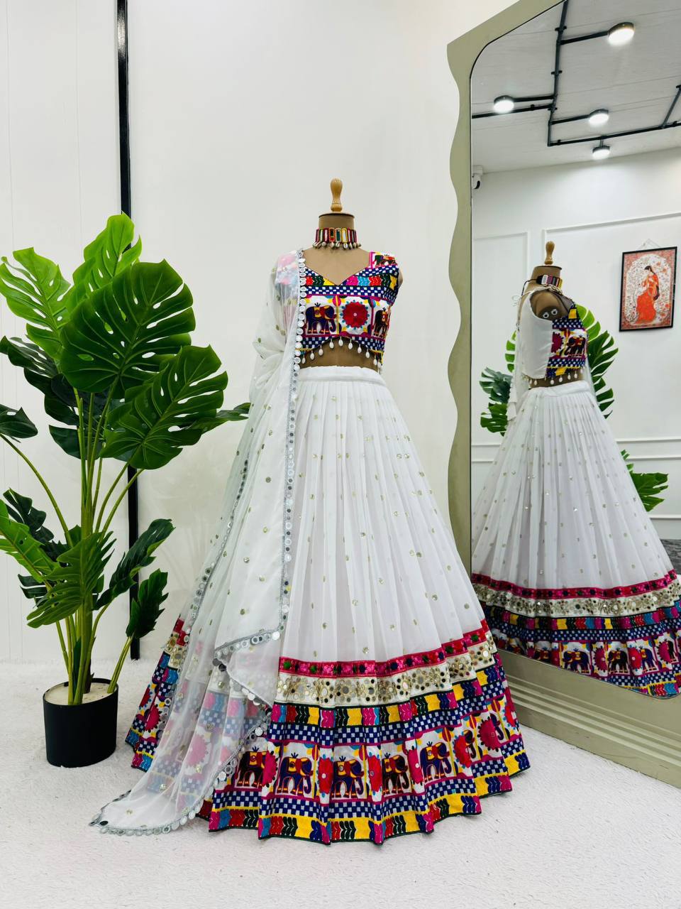 Prazu Fashion White Georgette Sequence With Chainstich Navaratri Lehenga