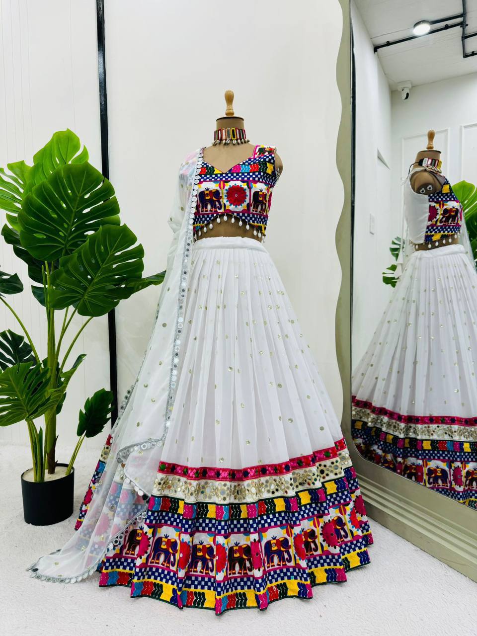 Prazu Fashion White Georgette Sequence With Chainstich Navaratri Lehenga