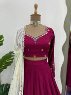 Prazu Fashion Wine Rayon Printed With Mirror Work Navaratri Lehenga