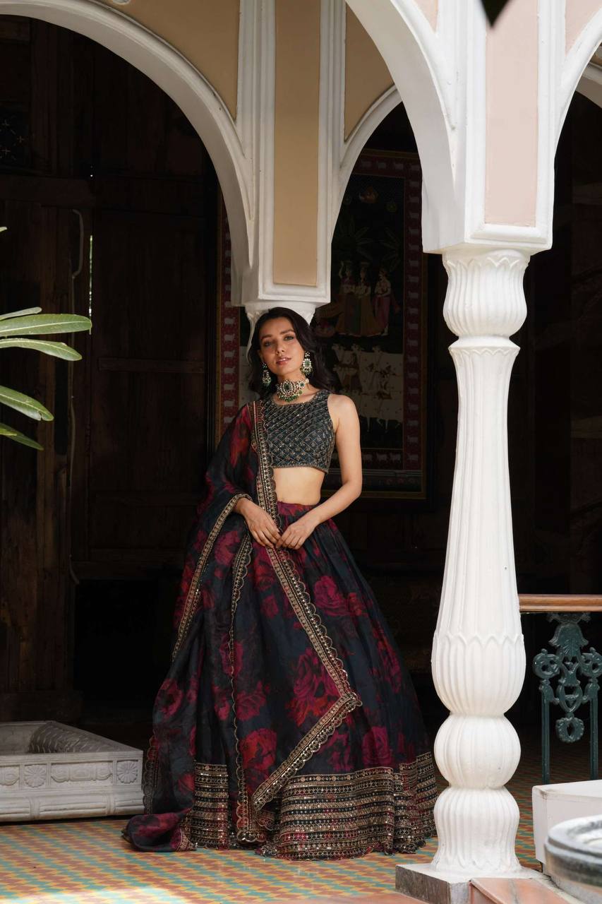 Prazu Fashion Black Organza Digital Printed Lehenga Choli