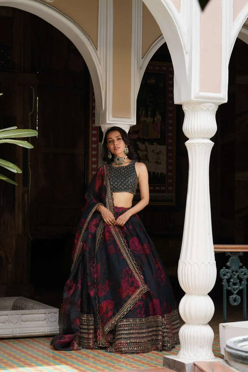 Prazu Fashion Black Organza Digital Printed Lehenga Choli