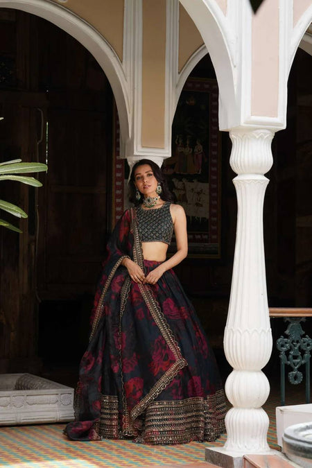 Prazu Fashion Black Organza Digital Printed Lehenga Choli