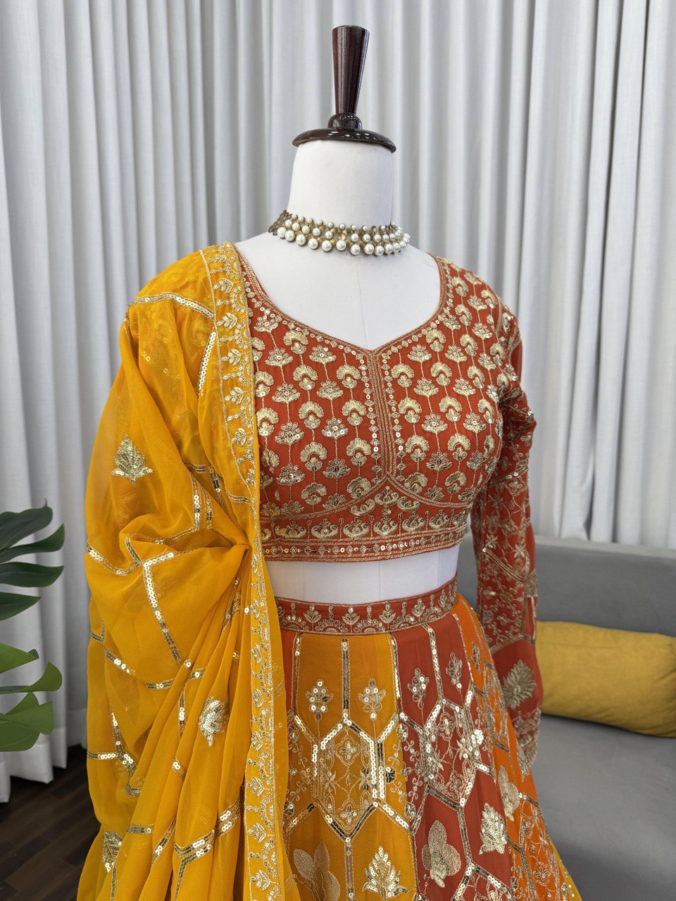 Prazu Fashion Orange Georgette Thread Sequence Wedding Lehenga Choli