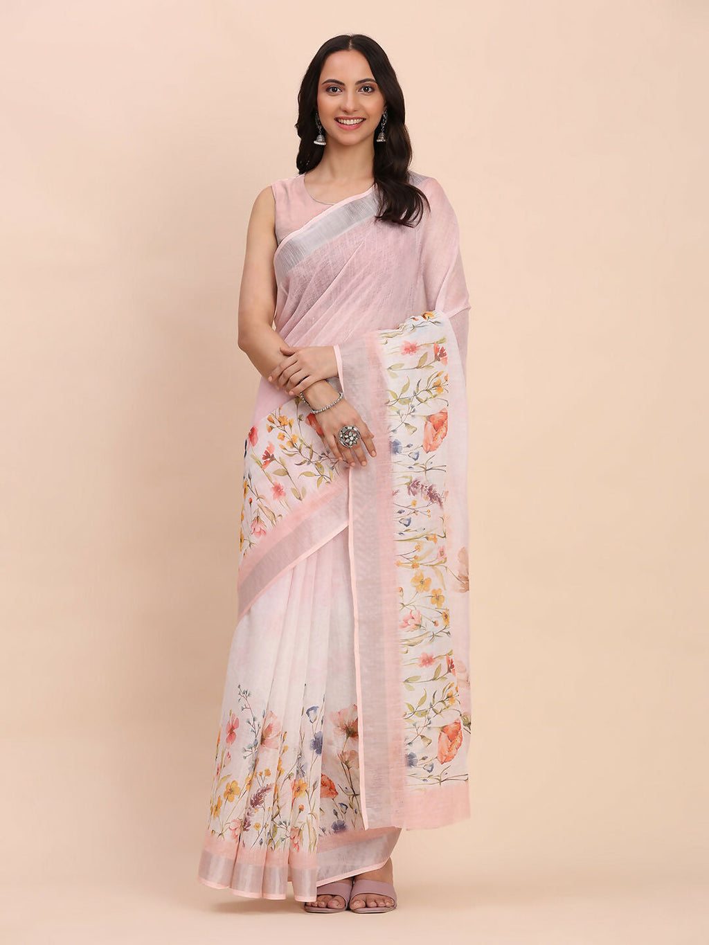 Shree Shyam Fashion Linen Cotton Light Pink Saree - Distacart