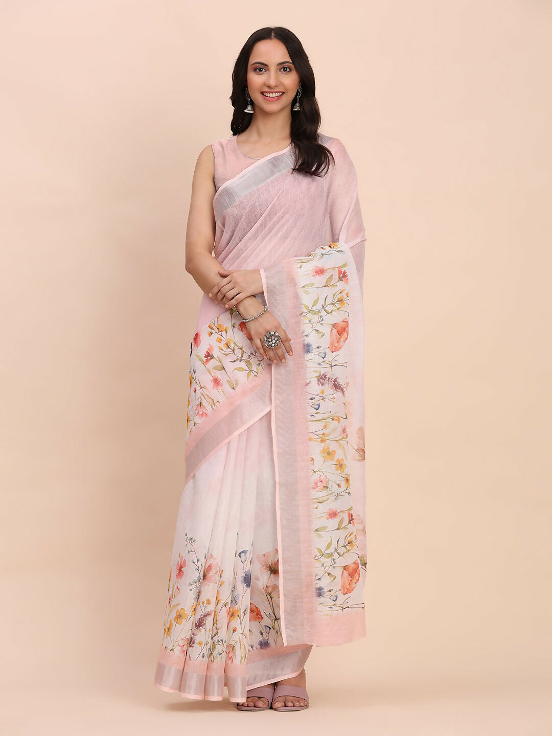 Shree Shyam Fashion Linen Cotton Light Pink Saree - Distacart