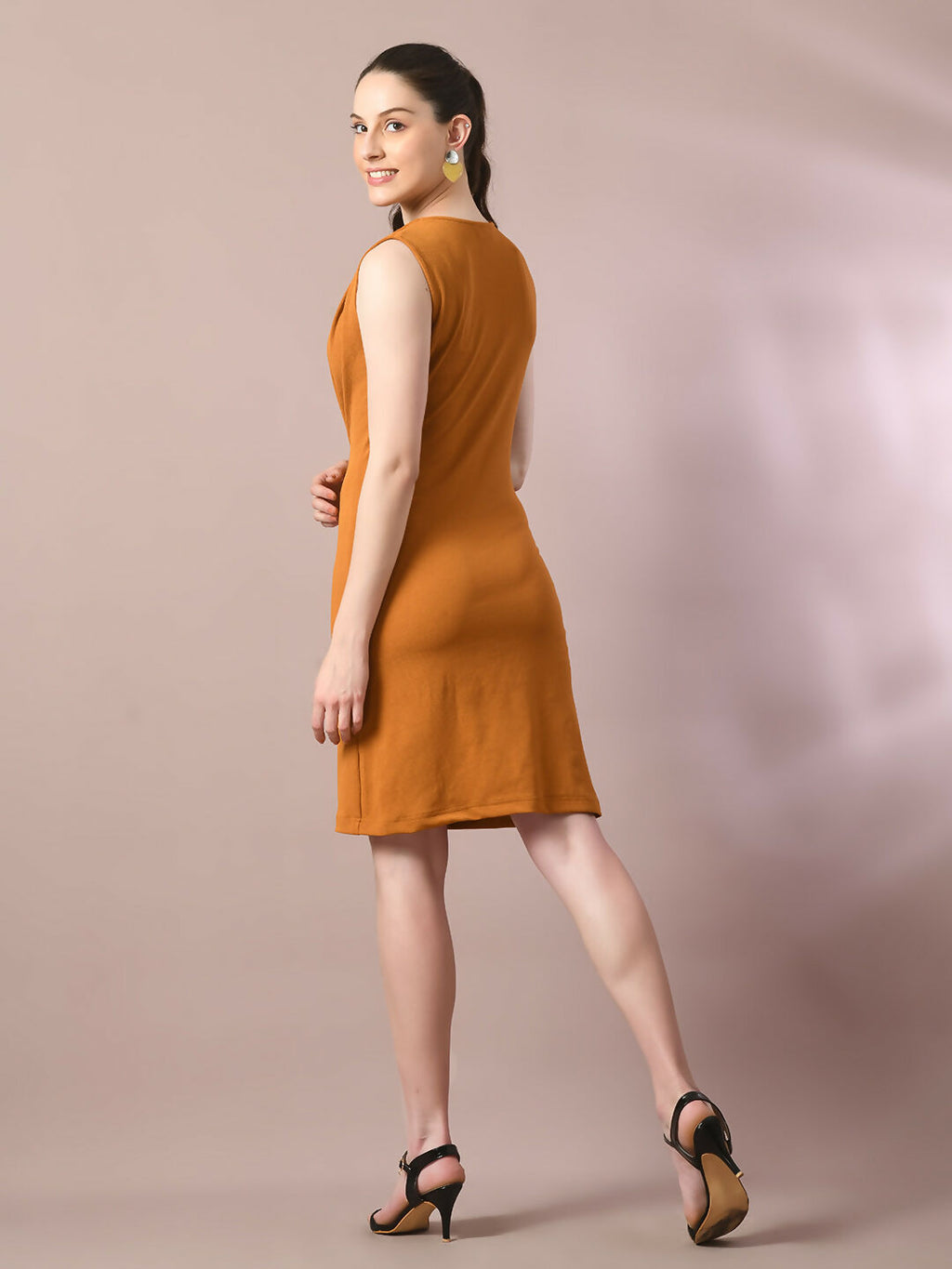 Myshka Women's Mustard Solid Cowl Neck Bodycon Party Dress - Distacart
