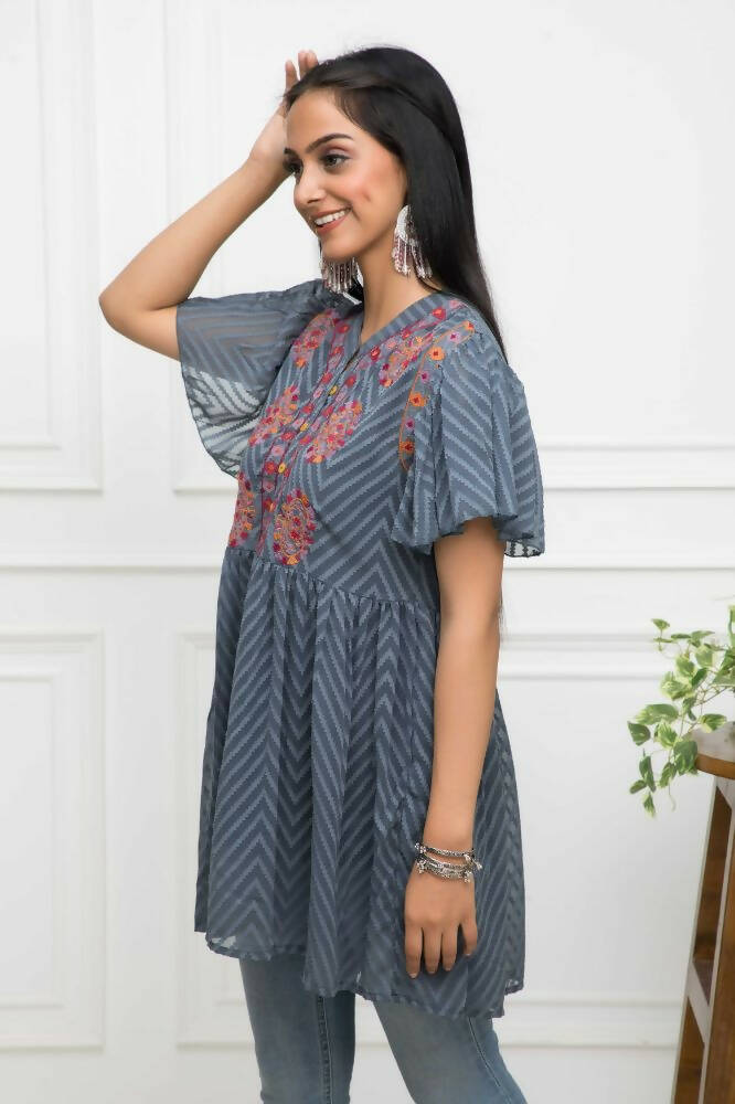 Myshka Women Solid V-Neck Flared Sleeves Synthetic Georgette Grey Top - Distacart