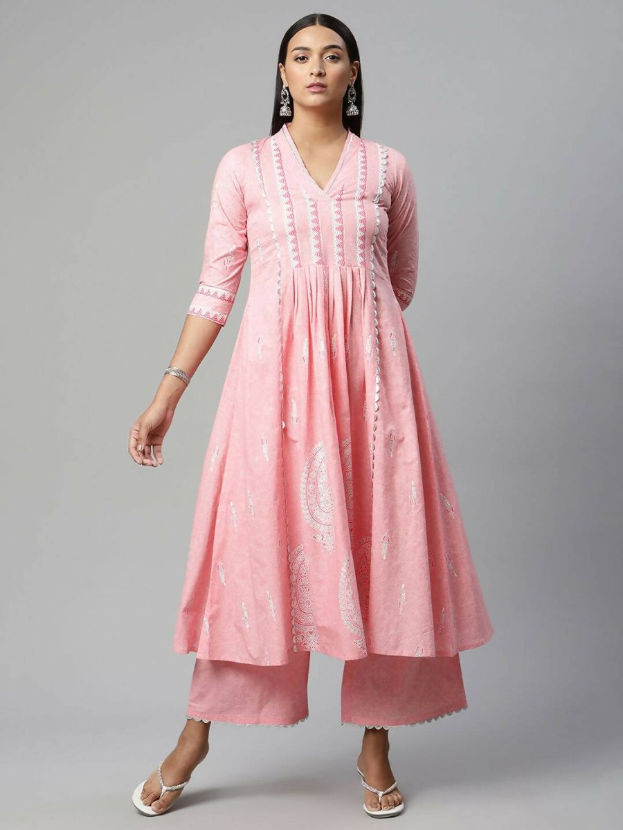 Ahalyaa Womens Pink Pure Cotton Printed Kurta Palazzo Set - Distacart