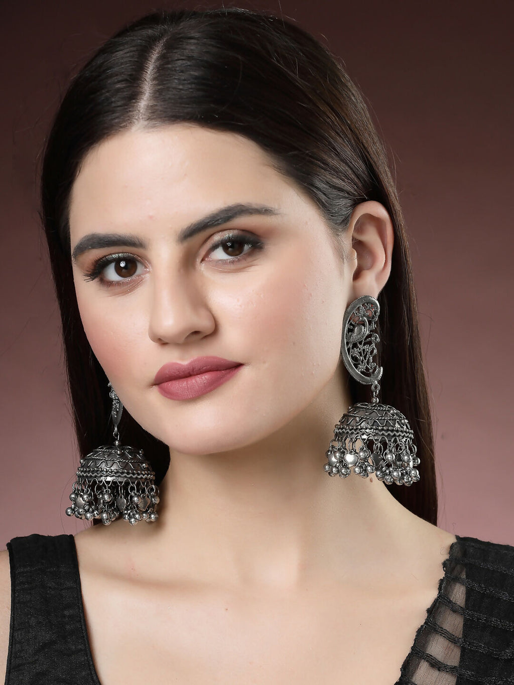 NVR Women's Silver-Plated Oxidised Dome Shaped Jhumka Earrings - Distacart
