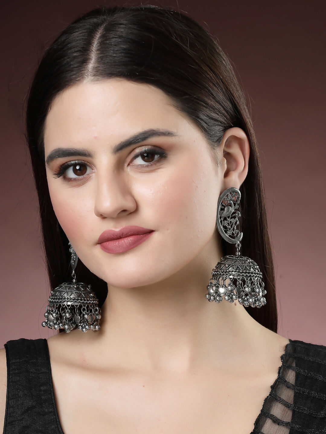 NVR Women's Silver-Plated Oxidised Dome Shaped Jhumka Earrings - Distacart