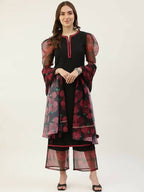 FIORRA Women's Black Crepe Straight Kurta Palazzo Set With Dupatta