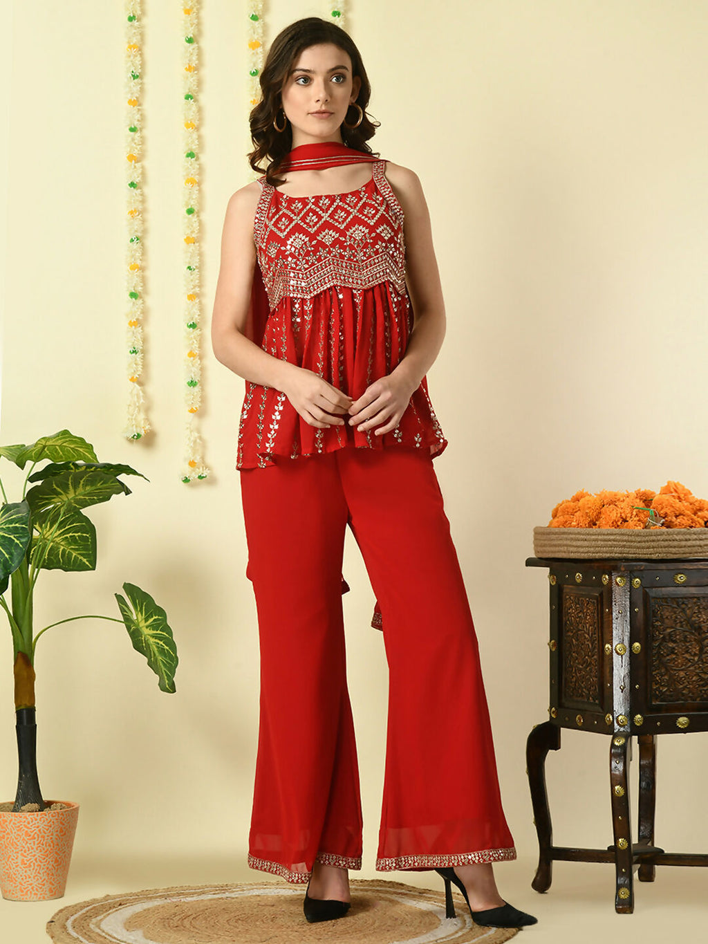 Myshka Women's Red Georgette Top & Palazzos With Dupatta Party Sets